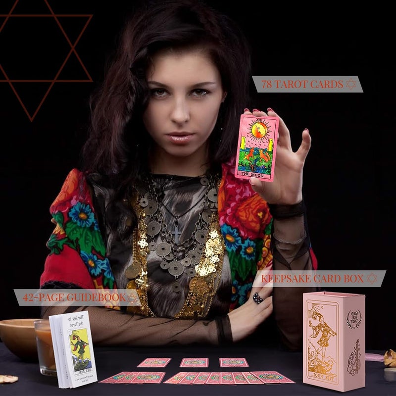 lrjrizzo Tarot Cards for Beginners Pink Tarot Cards with Guide Book Gold Foil with Meanings on Them 78 Classic Origina Rider Waite Taro Deck Fortune Telling Game（Pink） - Image 2